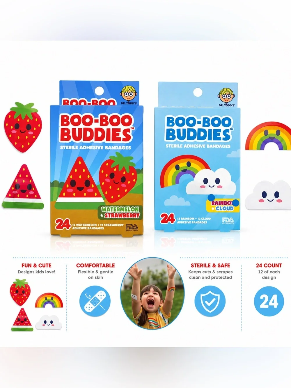 NEW - Boo-Boo Buddies Kid Bandages: Watermelon/Strawberry & Rainbow/Cloud 48PCS